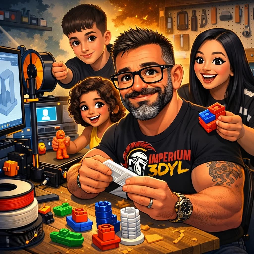 Ilustración de la familia de Imperium 3DYL en su taller, con impresoras 3D y piezas recién impresas
