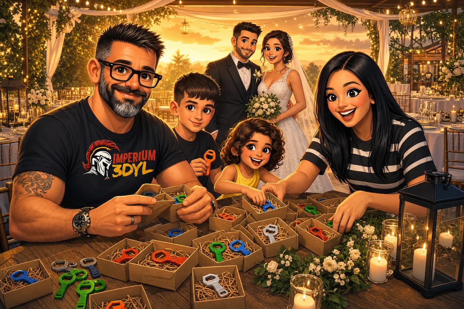 Mesa de boda con abridores personalizados impresos en 3D como detalle para los invitados