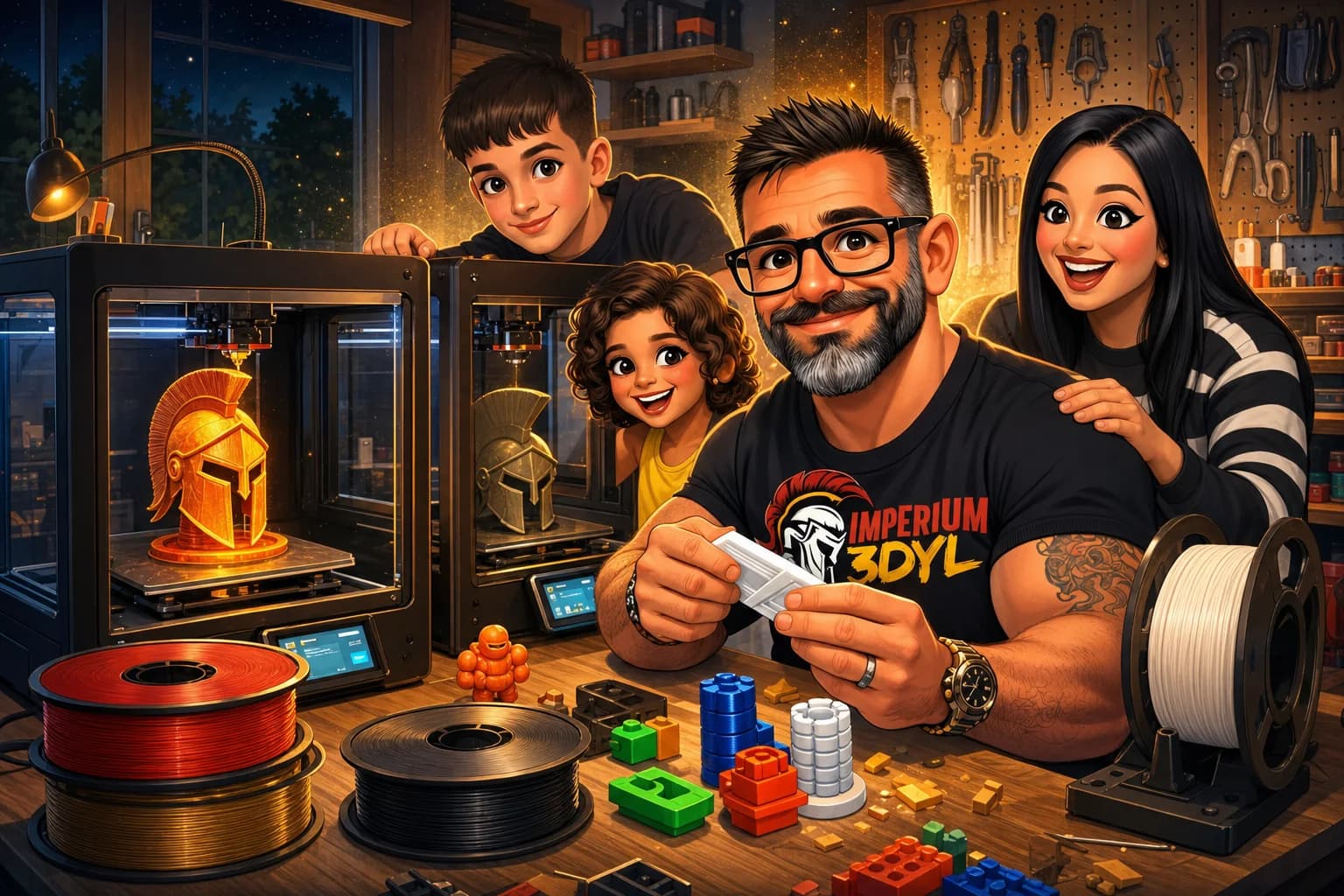 La familia de Imperium 3DYL en su taller con dos impresoras 3D imprimiendo un casco espartano