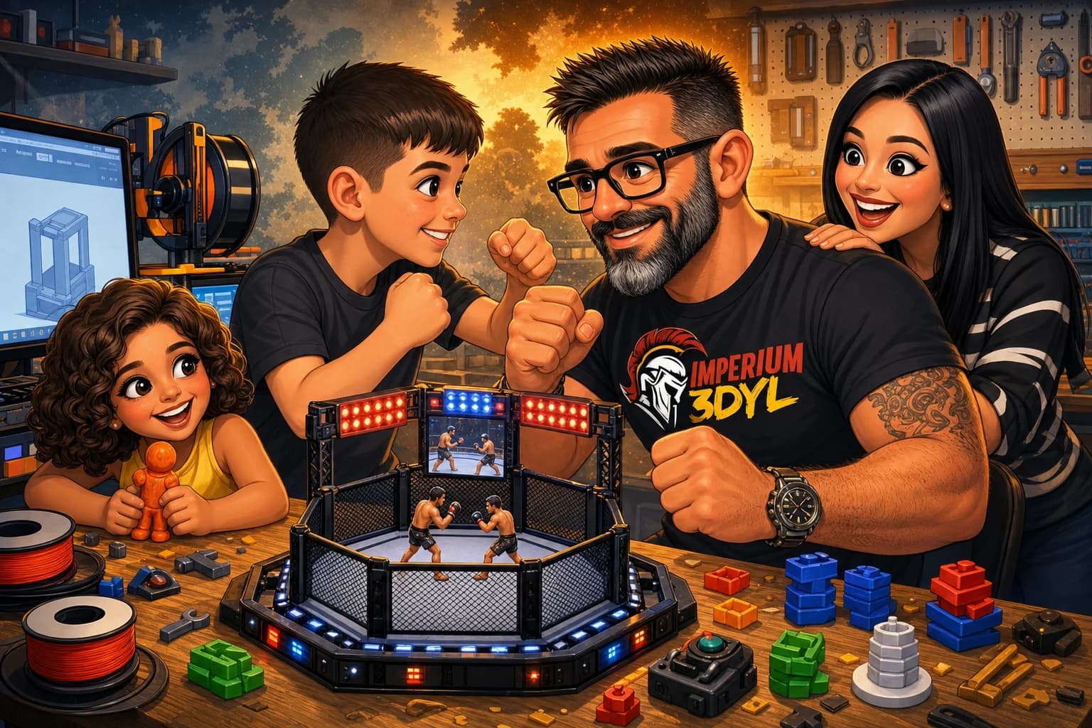 Octógono de MMA en miniatura con marcador de luces