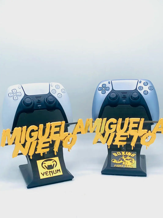 Pack de soportes para mando personalizados con nombre Miguel Nieto y logos de boxeo – decoración gamer única